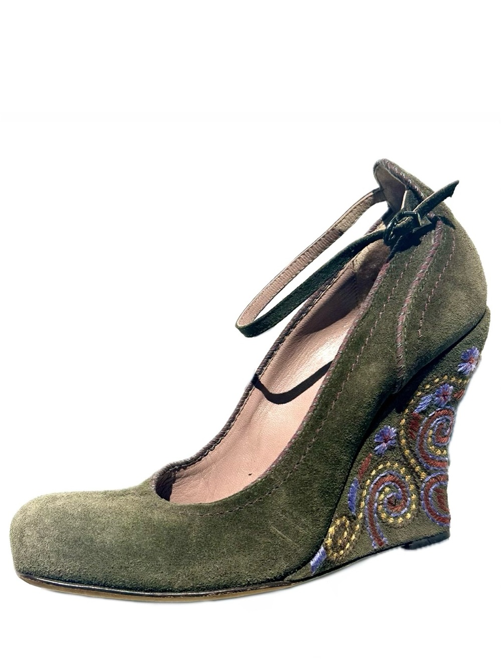 Rare! SHY Boho Vintage Italy Olive Embroidered Suede Ankle Strap Wedges 40, 10